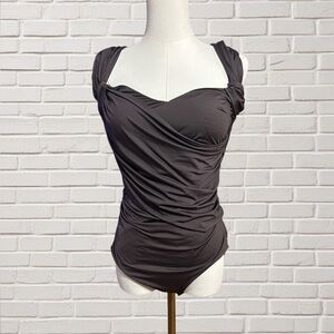 Badgley Mischka Espresso Ruched One Piece Slimming Swimsuit Draped Size 12